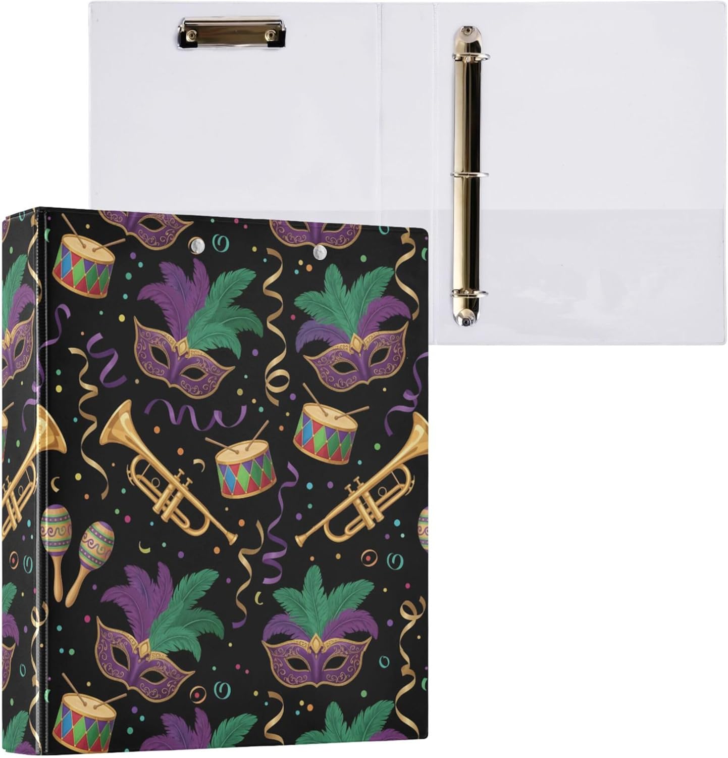 Mardi Gras Colorful Mask 3 Ring Binders, 1.5” Round Ring Binders with Clipboard - Letter Size, 3 Interior PVC Clear Pockets & Anti-Slip Clip for Office School Supplies, 2PCS