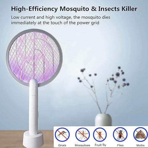 Miniatura 7 de Raqueta matamoscas eléctrica y raqueta matamoscas insectos, matamosquitos inteligente 2 en 1 con base recargable USB, con malla de seguridad de 4