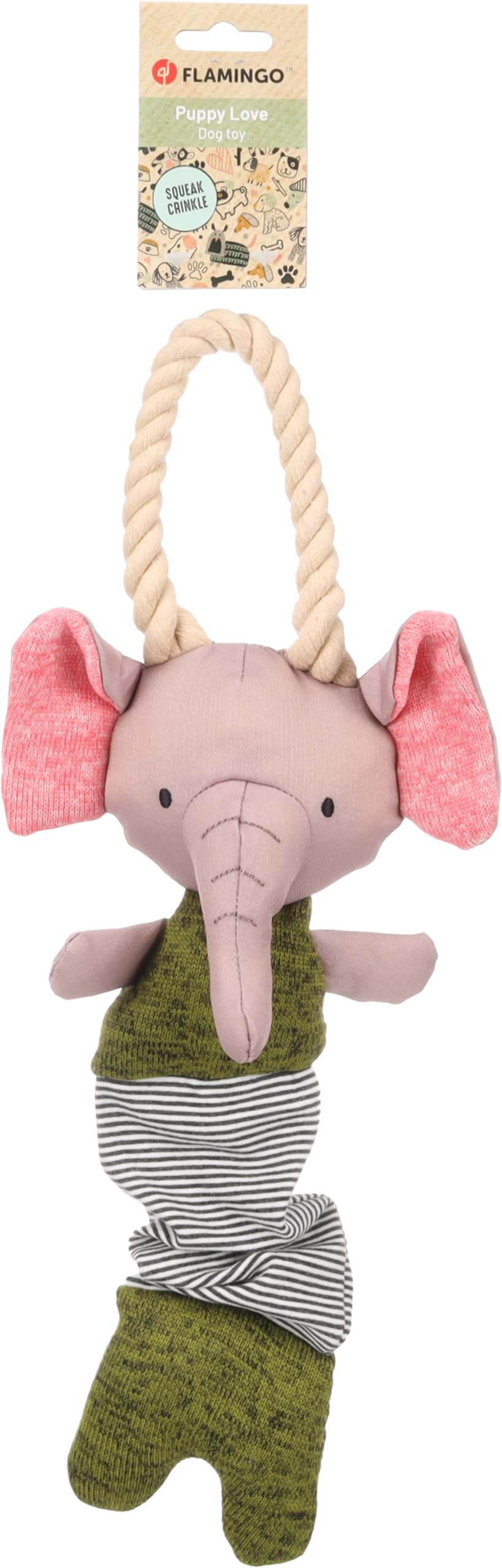 Flamingo - Spielzeug für Welpen wie Labrador, Beagle, Bulldogge und Border Collie - Britty Elefant Grün mit Seil, Sanft und Unterhaltsam