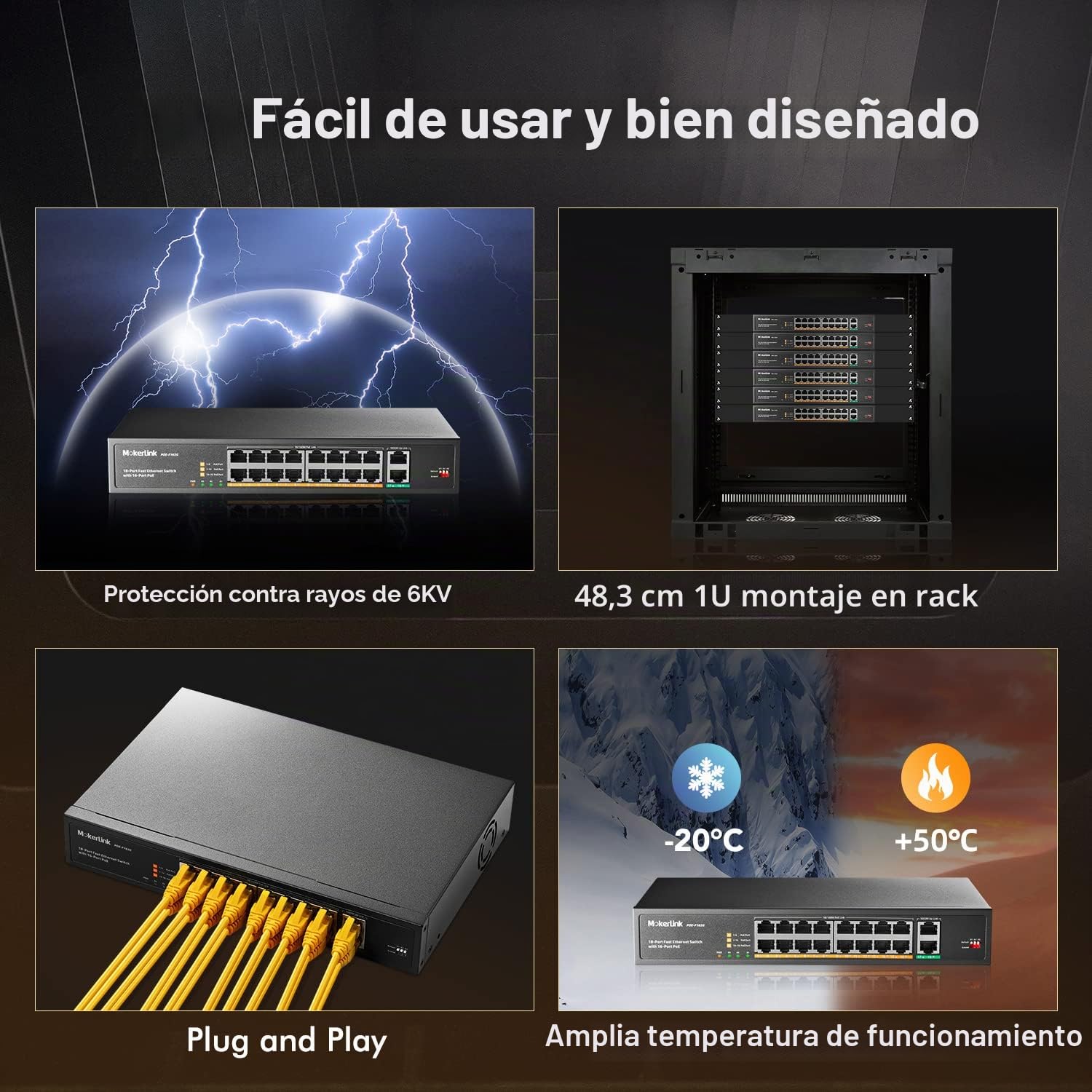 MokerLink 16 Puertos PoE Switch, 2 Gigabit UpLink Puerto , PoE Plus 802.3af/at, 250W de Alta Potencia, Compatible con IEEE802.3af/at, PoE + Plug and Play no administrado de Montaje en Bastidor