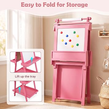 OLAKIDS Easel for Kids, 3 in 1 Adjustable Painting Art Board, Foldable Double-Sided Wooden Drawing Chalkboard Magnetic Whiteboard with Paper Roll, Storage Rack, Cups for Boy Girls (Pink)