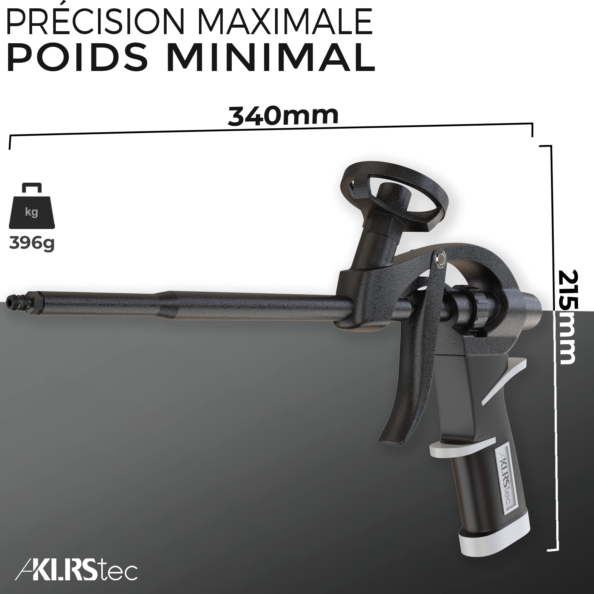 KLRStec® PROFESSIONAL Pistolet à mousse PU revêtu de téflon (PTFE) - Pistolet de montage professionnel I Pistolet à mousse pour le bâtiment réglable à une main (1k & 2k 750ml), accessoires inclus
