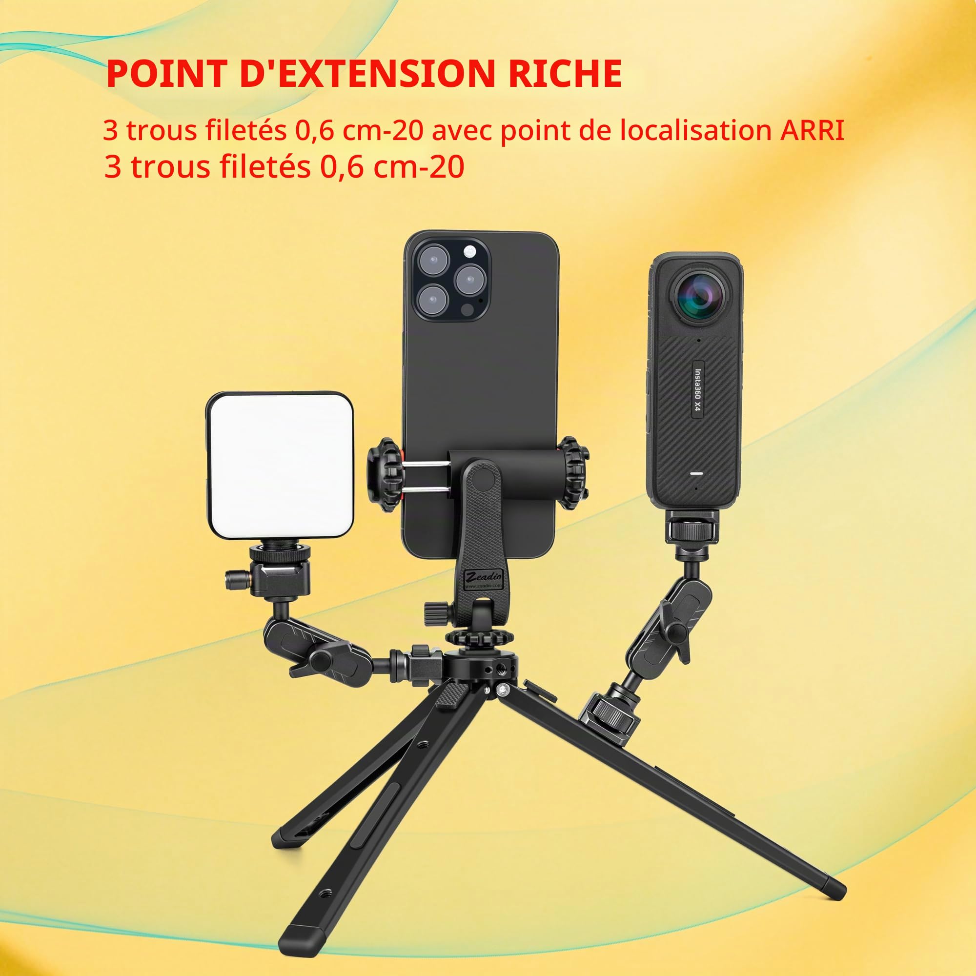 Zeadio Trépied Métallique Professionnel Robuste - Support Universel Réglable pour Table (Charge 40 kg / 88 LB) - Appareil Photo, Gimbal, Caméra Action, Caméscope, Microphone, Lumière LED, etc