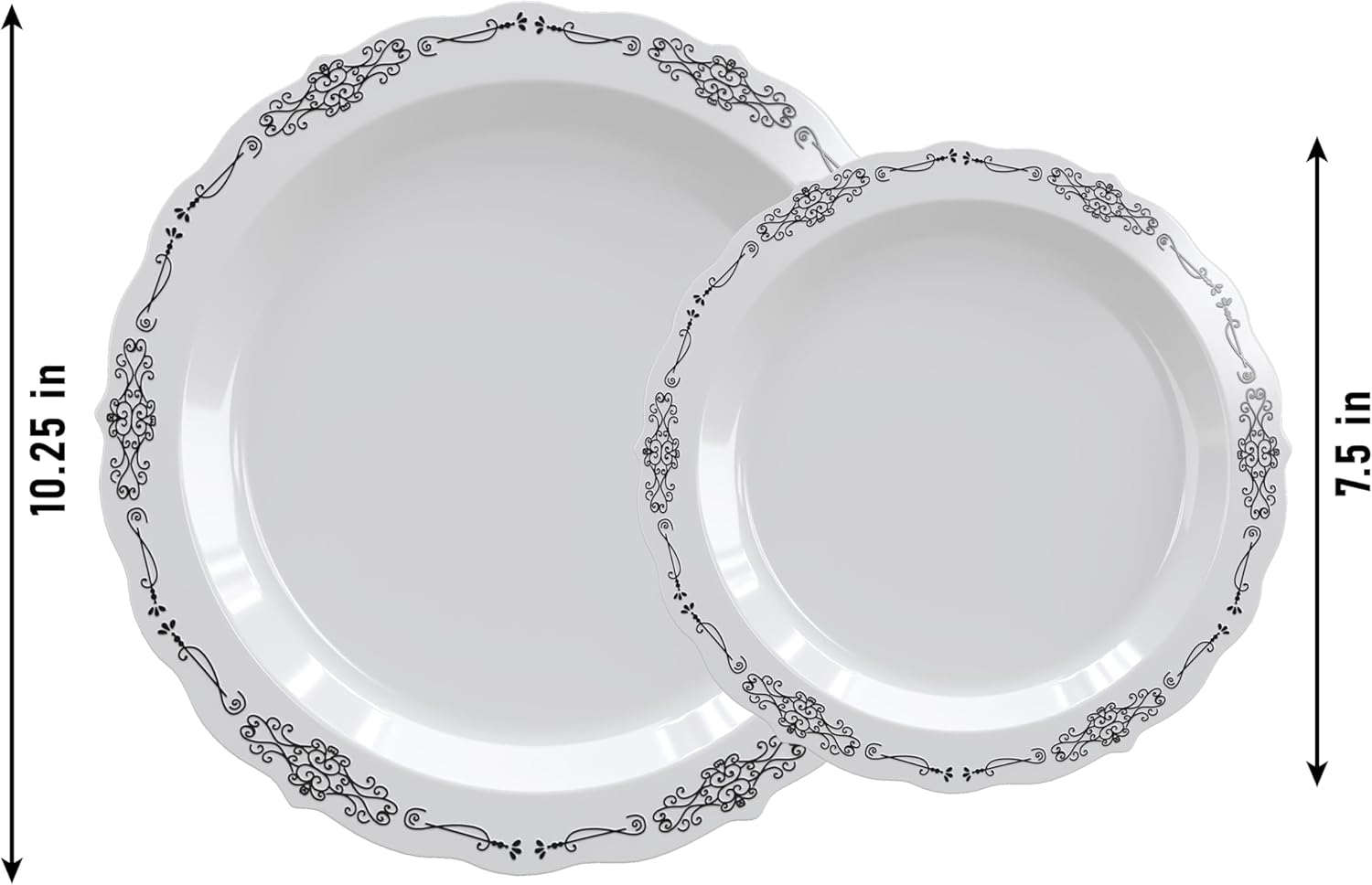 Exquisite Victorian Plastic Plates 80-Piece Party Set for 40 Guests - 40x7.5 inch Dessert & 40x10.25 inch Dinner Plates - Heavy Duty, Disposable, White & Black