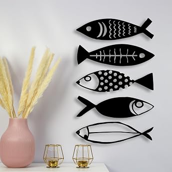 DUOOLN Metal Wall Decoration Pack of 5 Fish Decoration Modern Marine Iron Wall Art Hanging Sculpture Fish Shoal Decorative Artwork for Home Kitchen Bathroom Pool Area Porch - 35 x 10 cm