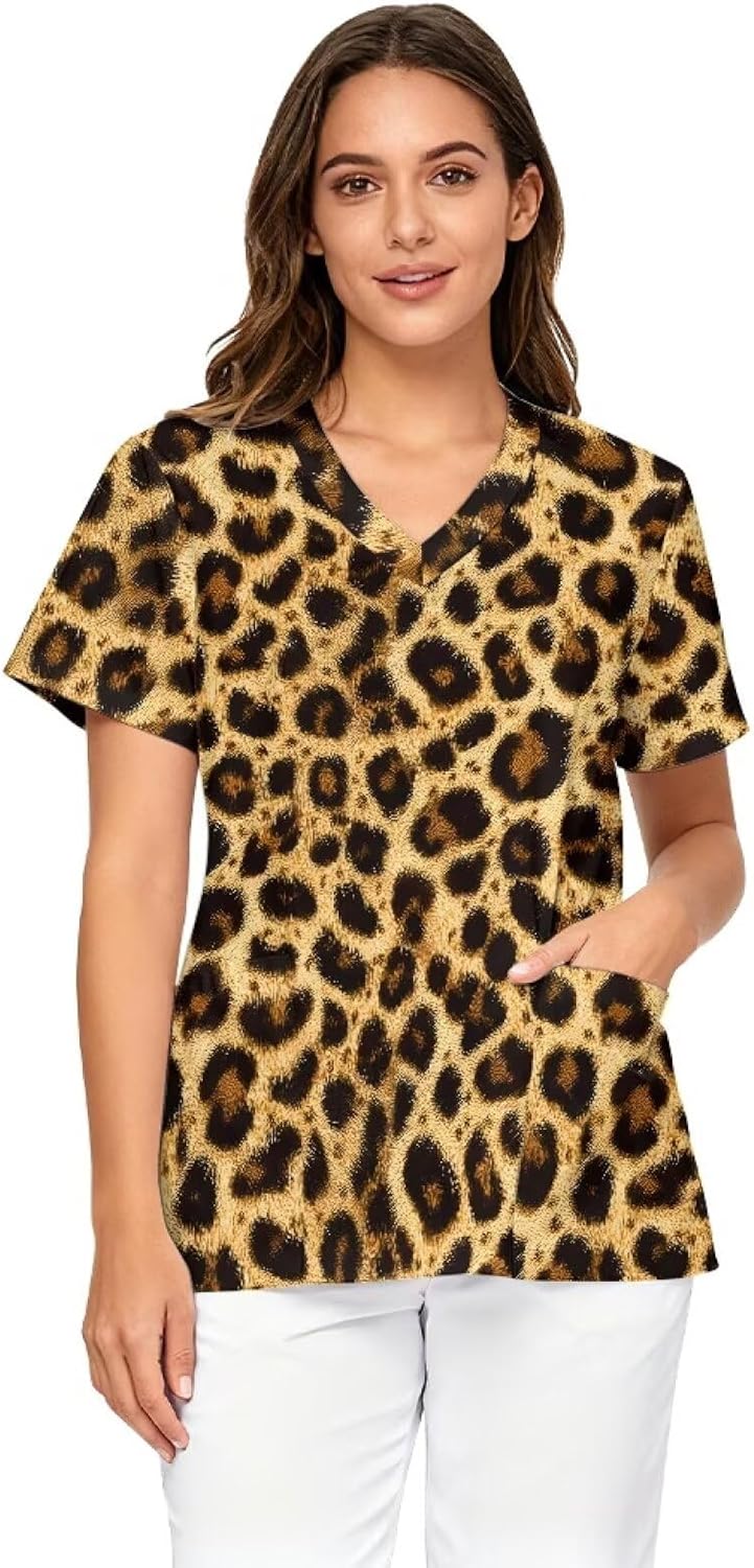 Scrubs for Women V Neck Cute Printed Scrub Tops Women Nurse Shirt Soft Casual Uniform with 2 Pockets