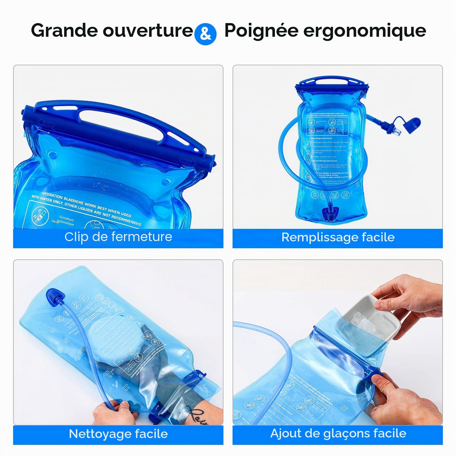 JOYHILL Poche d'hydratation, 3 L, 2 L, 1,5 L, sans BPA, réservoir d'eau de 3 litres, grande ouverture, étanche, sac de rangement d'eau militaire pour cyclisme, randonnée, camping, cyclisme, course à