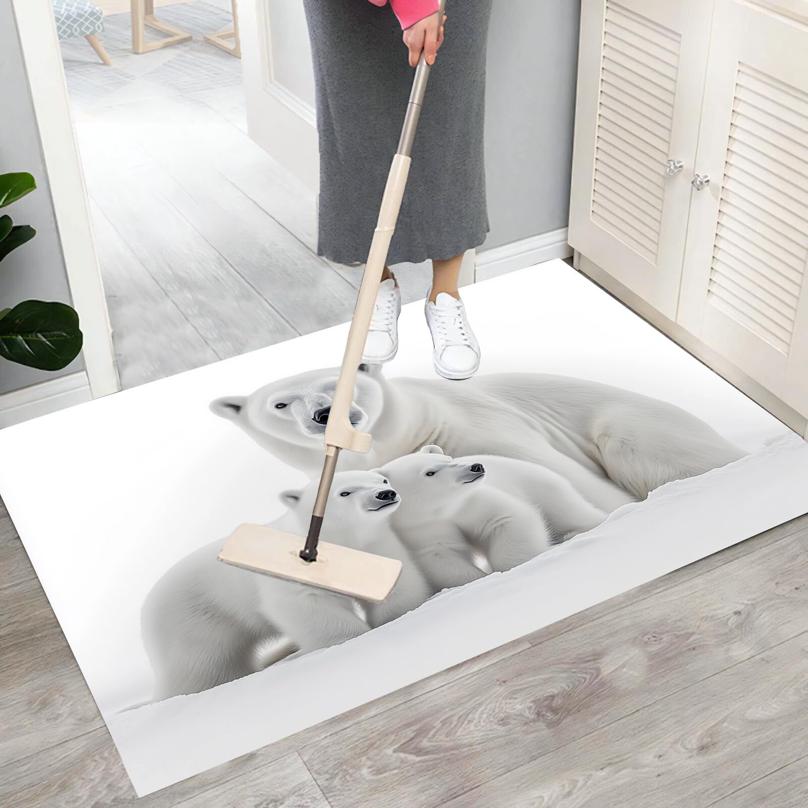 Tapete Blanco Grisáceo Oso Polar En La Nieve Puerta Felpudo De Entrada Exterior Atrapar Suciedad Alfombra Animales Sencillos para Interior Jardines Cocina Pasillo Trasera Delantera,90X150Cm