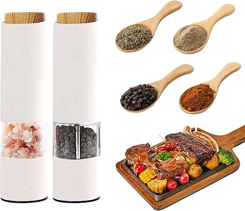 MEHIDFY Juego de molinillo eléctrico de sal y pimienta, paquete de 2 molinos de sal y pimienta, funciona con pilas, molinillo automático de sal y