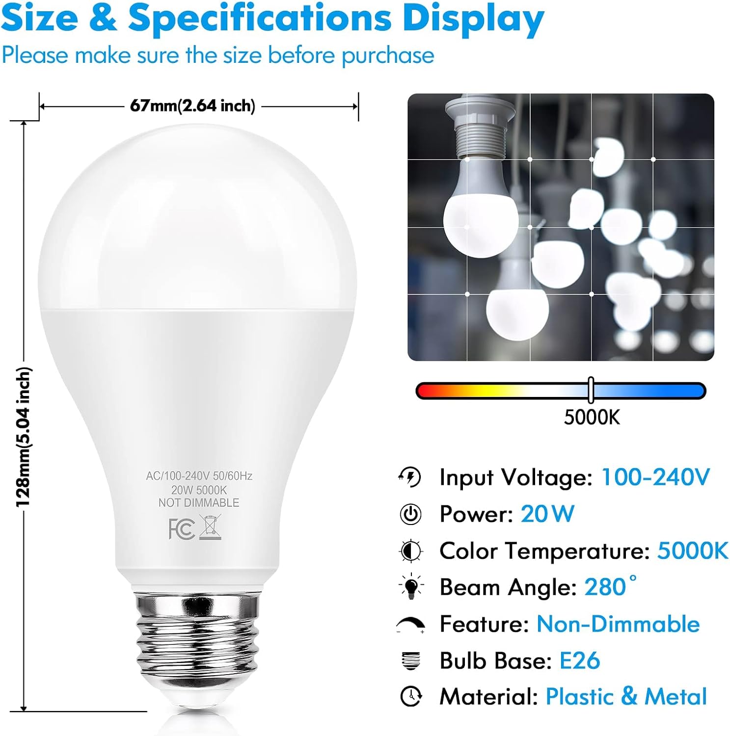 LED Light Bulbs 150 Watt Equivalent, 2200 Lumen Super Bright Light Bulbs, Daylight White 5000K, A21 20W LED Bulb E26 Base, Non-Dimmable, No Flicker Brightest Bulb for Bedroom Living Room Home, 4-Pack