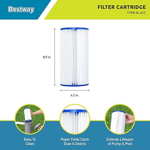 Miniatura 2 de Bestway Paquete de 2 cartuchos de filtro tipo III-AC de 4.2 x 8 pulgadas para bomba de filtro de piscina al aire libre, compatible con bomba de