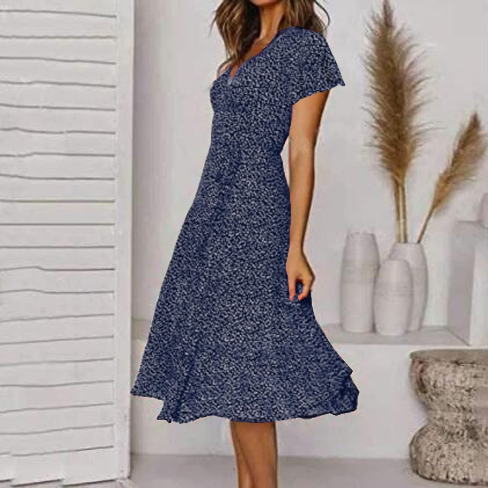 Generico Elegantes Damenkleid Curvy Midi – Damenkleid mit Punkten für den Sommer, V-Ausschnitt, kurzärmlig, leicht, atmungsaktiv, Kleid aus weichem Tüll, Freizeitkleider für Strandurlaub