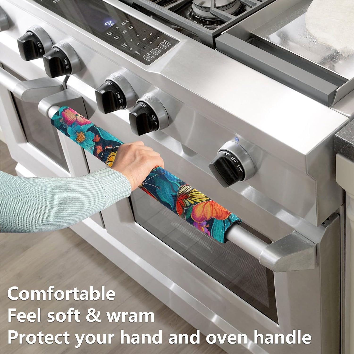 Butterfly Blue Flowers Refrigerator Handle Covers Set of 2 Door Handle Covers for Fridge Oven Microwave Appliance Washable Decor Non-Slip Dishwasher Door Cloth Protector 14x5.5in