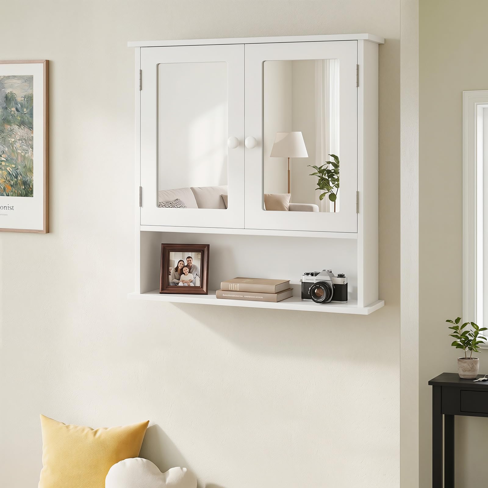 COSTWAY Armadietto Bagno a Specchio da Parete, 56 x 13 x 58 cm (Bianco) | Specchiera con 2 Ante, Ripiano Aperto e 2 Scomparti, Mobile da Bagno Salvaspazio per Soggiorno e Camera da Letto