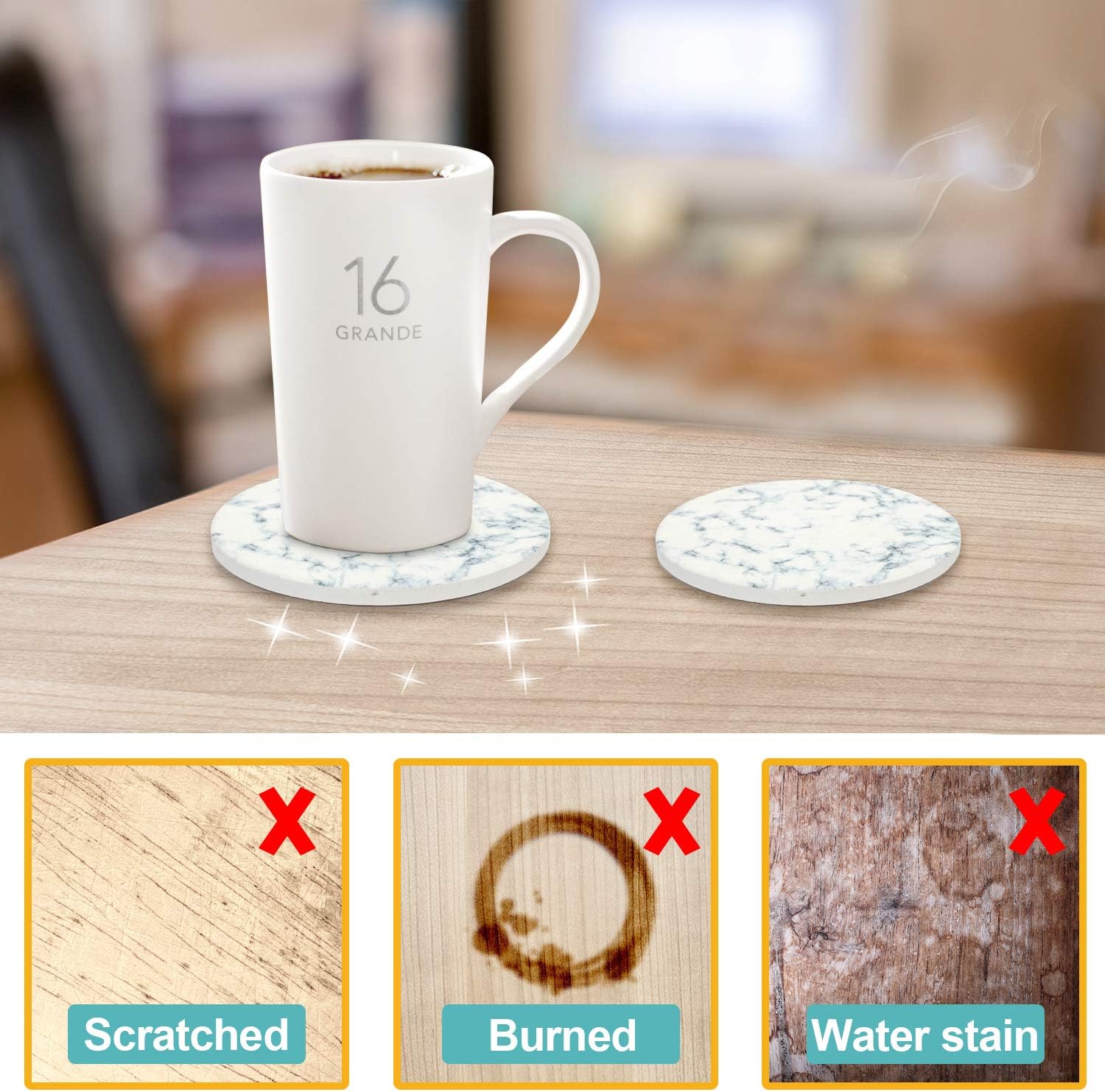 Coasters for Drinks Absorbent with Holder,Ceramic Coaster Set with Cork Base, Prevent Furniture from Dirty and Scratched, Stone Coasters with Holder - Ultimate Housewarming Gift