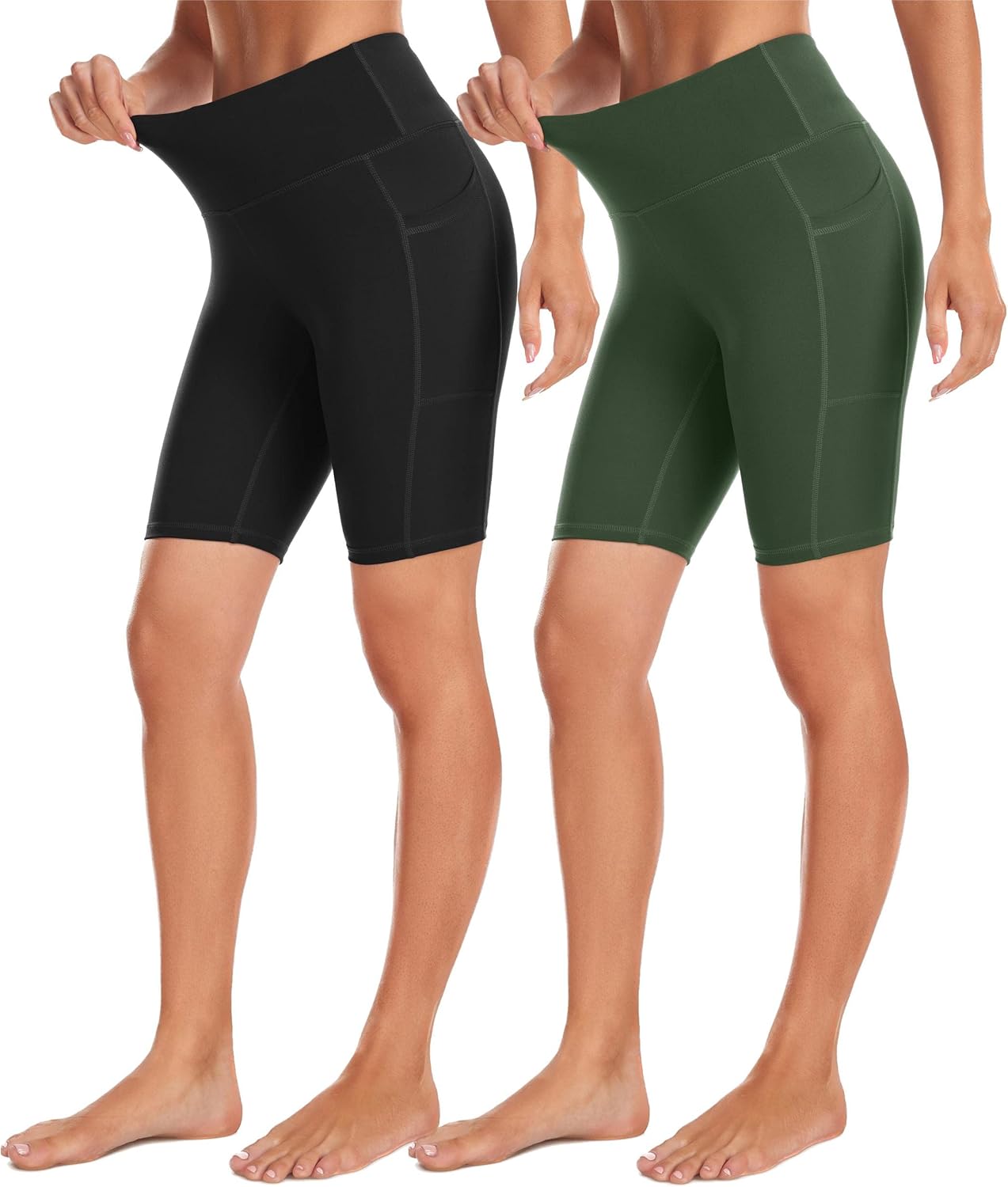 IBL Womens Buttery Soft Leggings with Pockets 27", High Waisted Compression Workout Lounging Yoga Pants 8" Shorts Small Black/Green