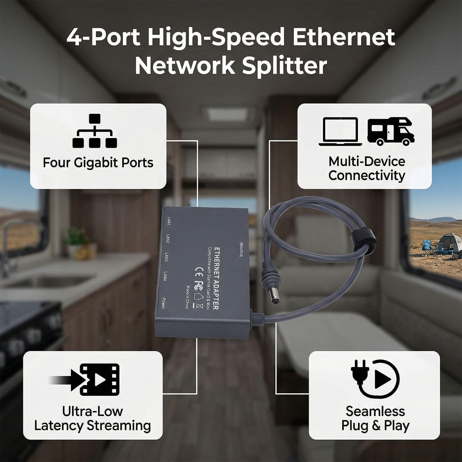 Adapter Ethernet do StarlinkGen3/Mini, Wieloportowy, Szybki, Stabilny Rozdzielacz Sieciowy z Kablem Ethernet, 4 Urządzenia Połączone Jednocześnie w sieć dla Samochodów Kempingowych