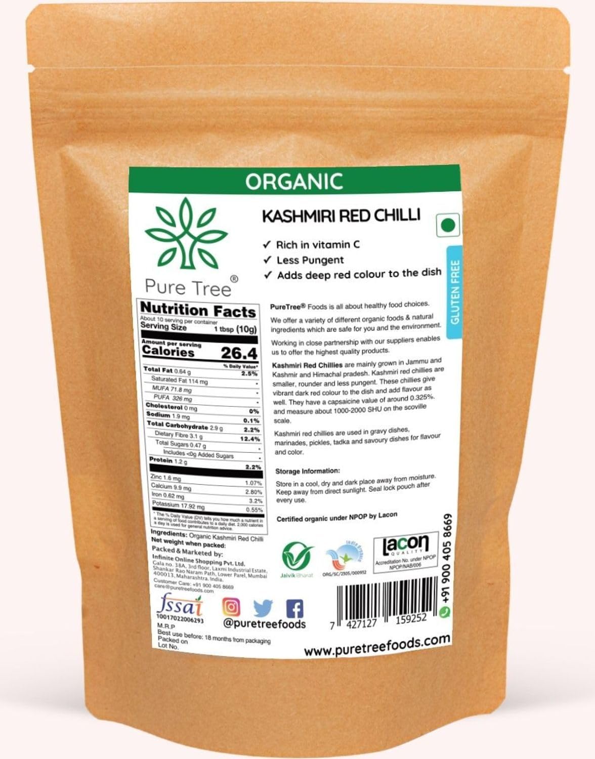 Pure Tree Certified Organic Kashmiri Lal Mirch | 100 Gm | Red Chilli Whole | Sabut Lal Mirch | Kashmiri Chilli Lal Mirch Whole Strong Smoky Spice | Dry Red Chilli Whole - Image 2 thumbnail