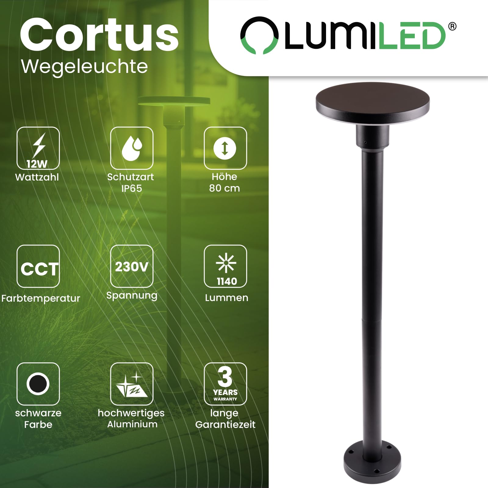 Lumiled LED Wegeleuchte CCT 12W 3000–6500K 80cm IP65 Aluminium Schwarz Pollerleuchte Gartenleuchte Außen Stehlampe wasserdicht Modern Außenleuchte Wegbeleuchtung für Terrasse und Einfahrt