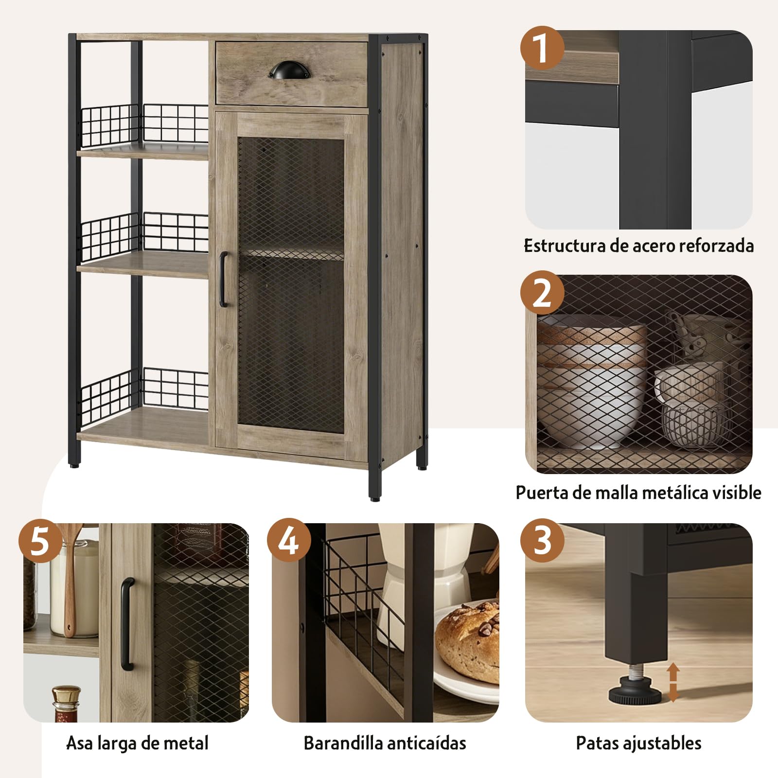 Aparador de Cocina con Cajón, Puertas y Estantes | Estilo industrial, 30,5 × 68 × 91 cm, Ideal para cocina, comedor, sala o pasillo