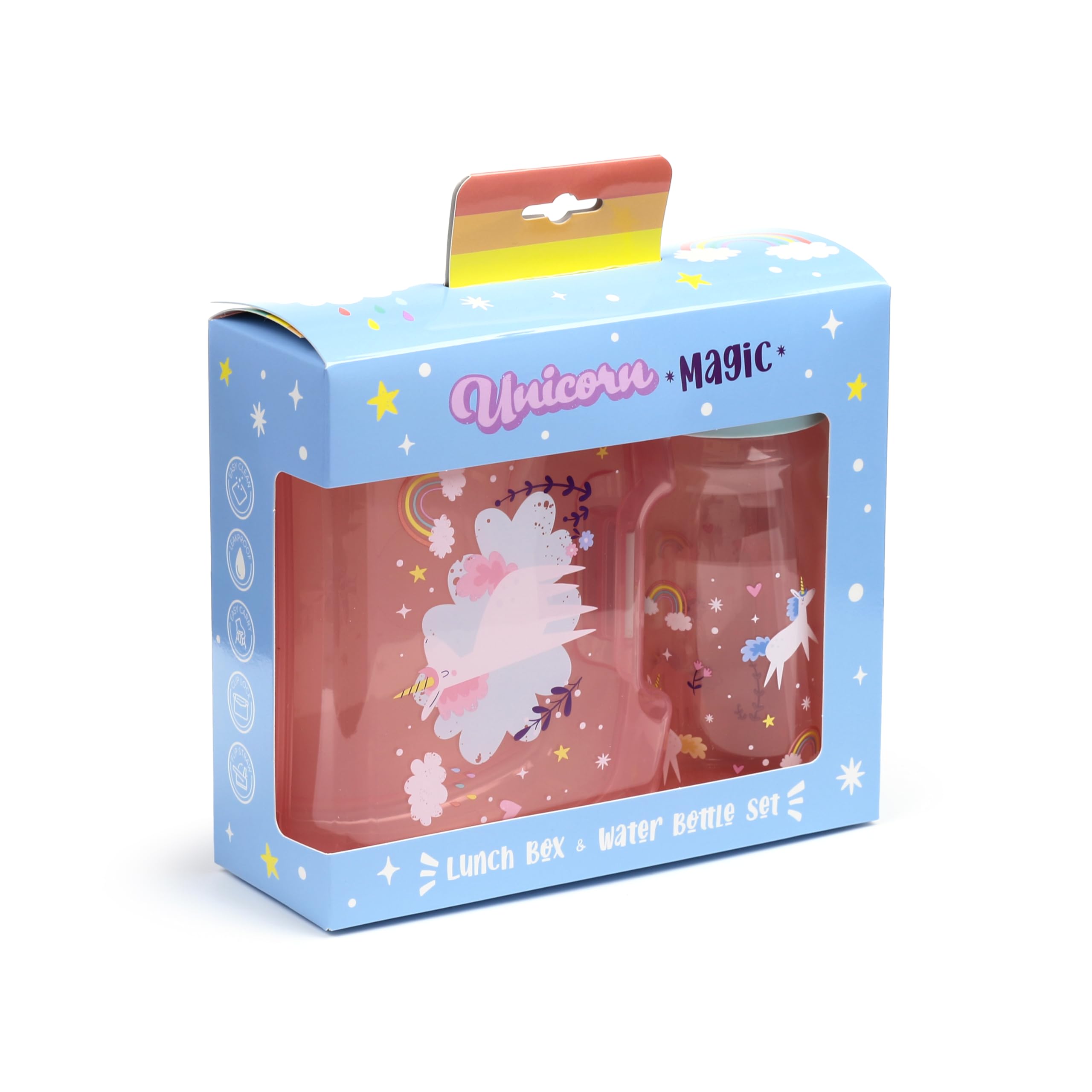 Puckator Set porte-goûter rose pour fille (boîte à déjeuner pour nourriture et bouteille d'eau avec paille) - magie de la licorne et arc-en-ciel, sans BPA
