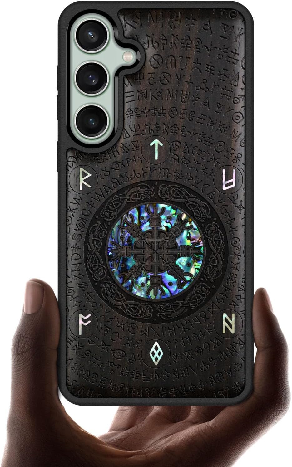 Carveit Designer Wooden Case for Samsung Galaxy S23 FE Cover [Wood Engraving & Shell Inlay] Compatible with Wireless Chargers S23 FE Case (Haloed Crow-Walnut)