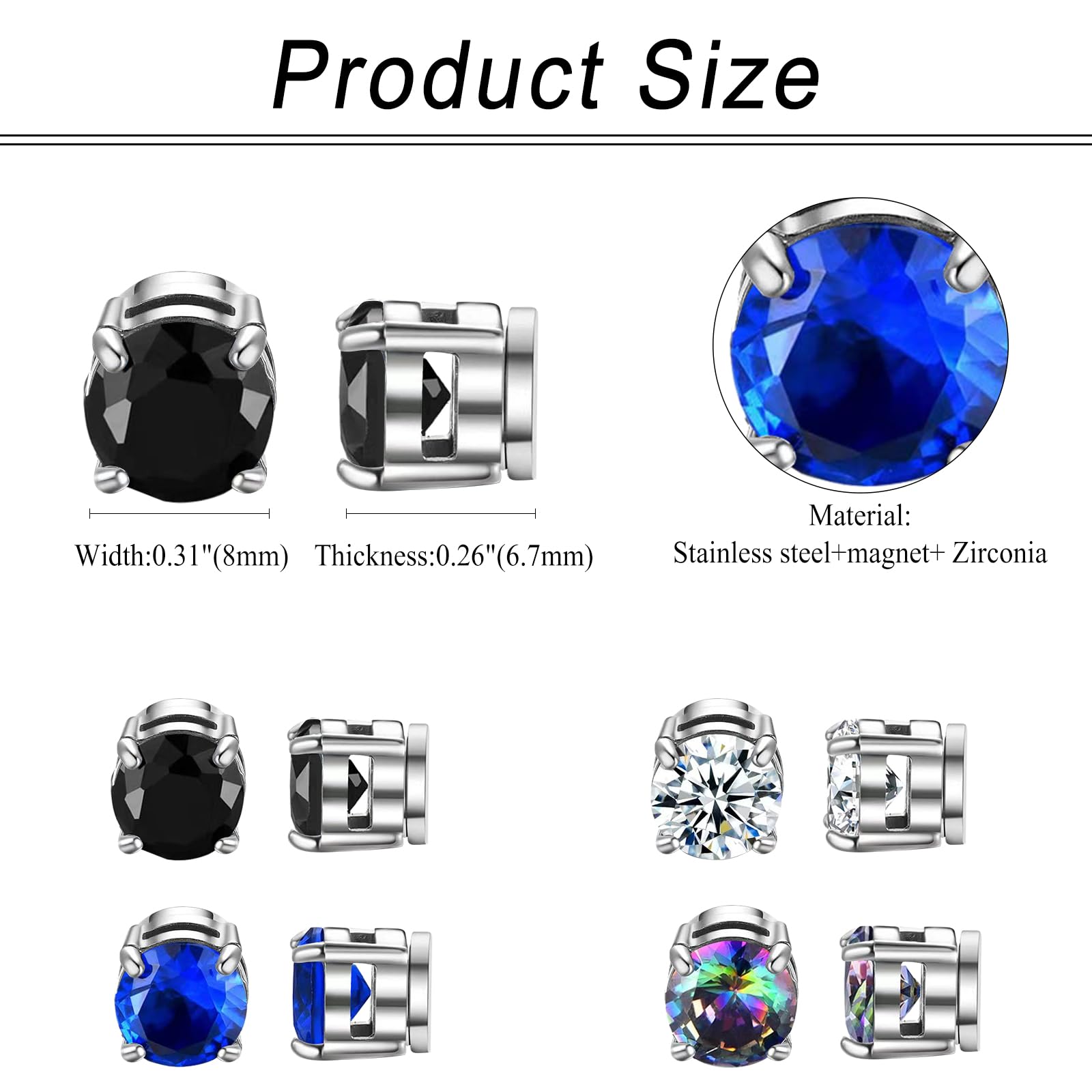 JewelryWe Kolczyki magnetyczne dla mężczyzn i kobiet: 4 pary 8 mm kolorowe okrągłe cyrkonie stal szlachetna magnetyczne kolczyki na sztyfcie, bez przekłuwania uszu, Stal nierdzewna