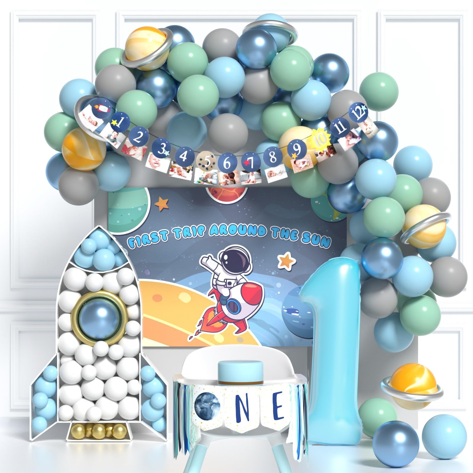 First Trip Around The Sun: 1st Birthday Decorations for Boy Space Theme Party Decor Baby Boy First Birthday Decorations Party Supplies