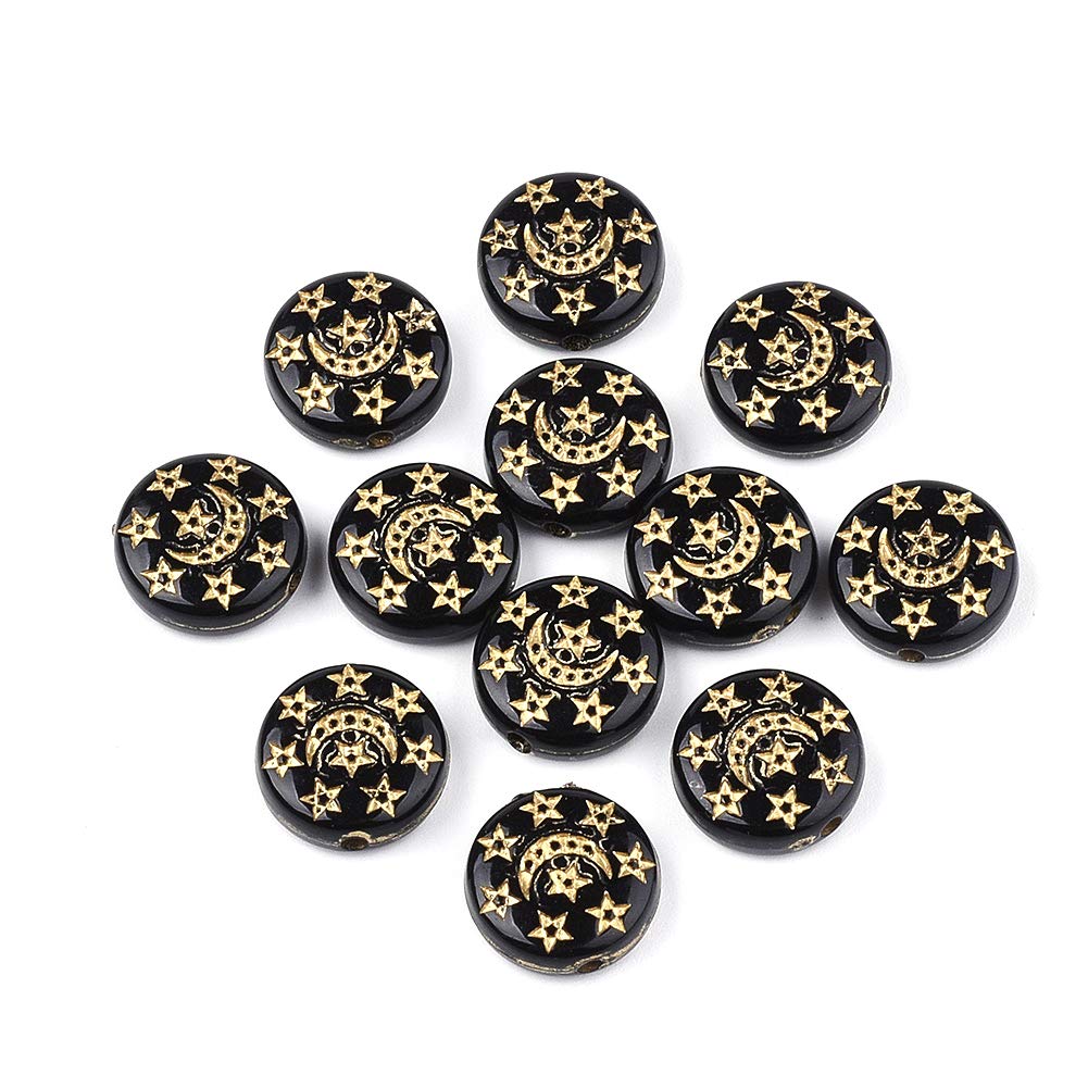 Craftdady 100Pcs Black Acrylic Flat Round Spacer Beads with Star Moon Pattern Opaque Metal Enlaced Plastic Rondelle Coin Loose Beads for Bracelet Necklace Jewelry Making Hole: 1.5mm