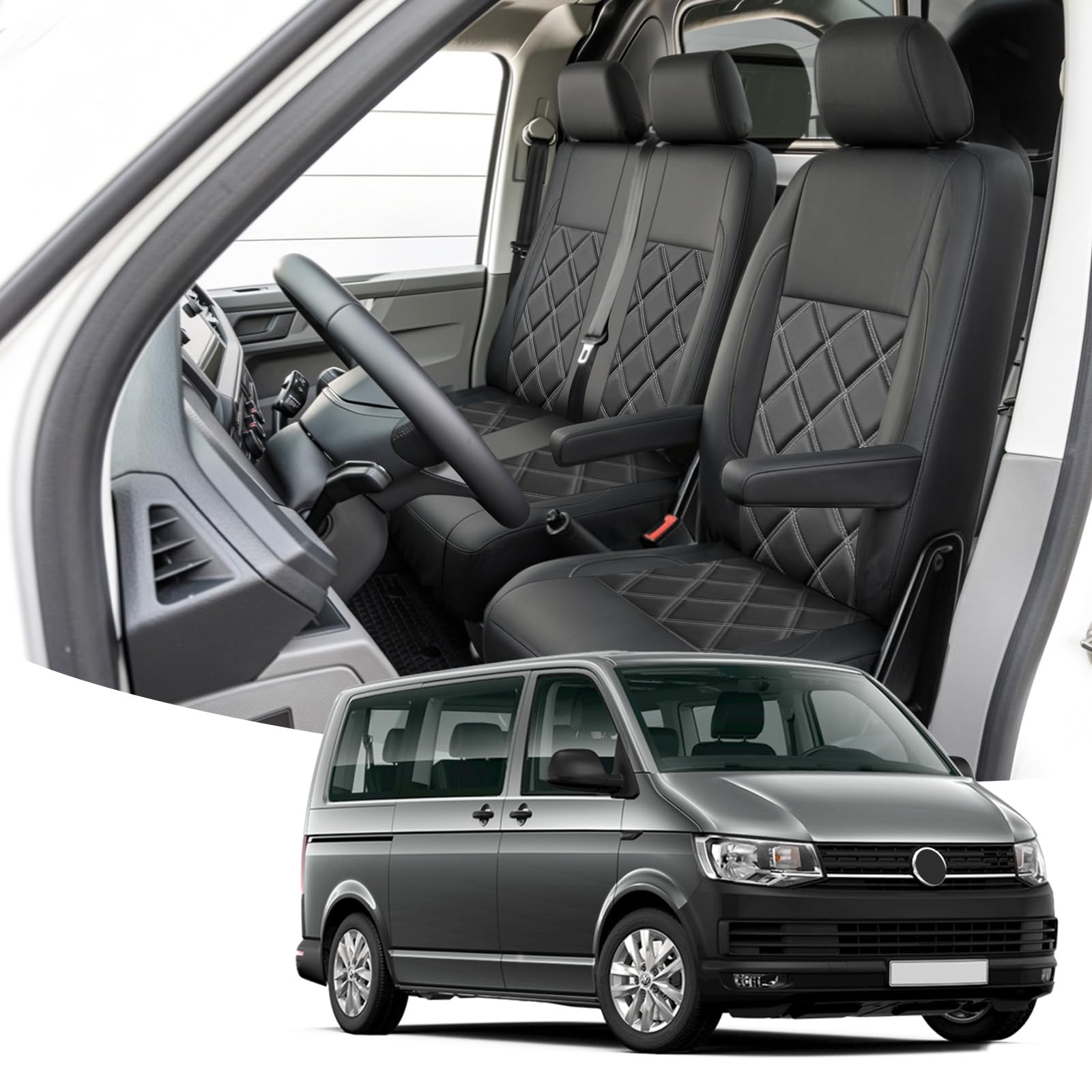 Housse de sièges avant 1+2 compatible avec Volkswagen Transporter T6 T6.1 | Couverture Siège 2+1, véhicule LHD conduite à gauche, Confortable, Respirant