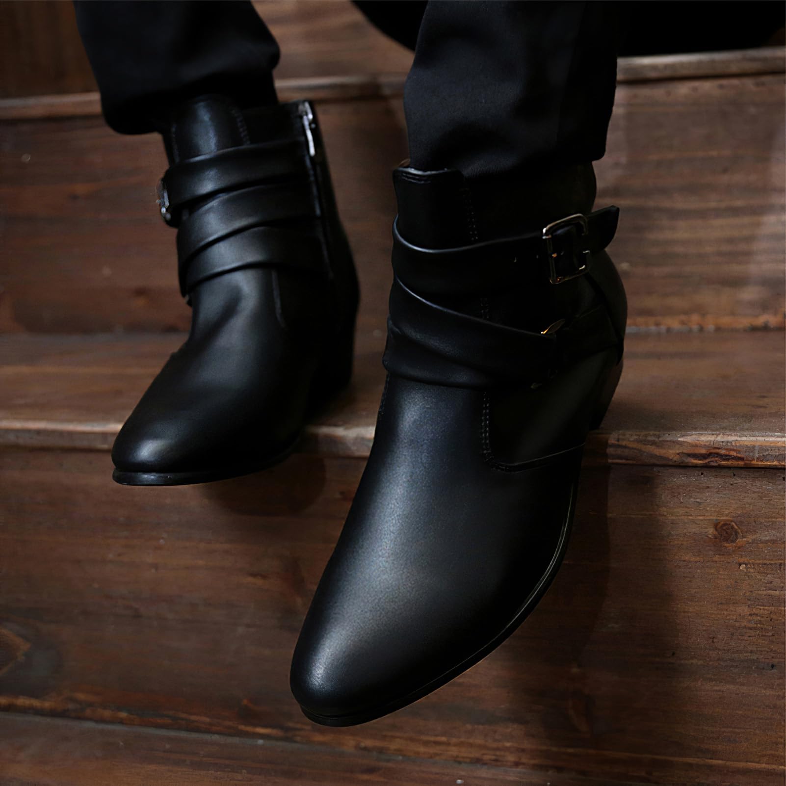 ANUFER Herren Western Ferse Spitze Zehenpartie Knöchel Stiefel | Seitlicher Reißverschluss, Verstellbare Riemchen mit Schnalle, Mikrofaserleder, Gutaussehend, Elegante Stiefeletten