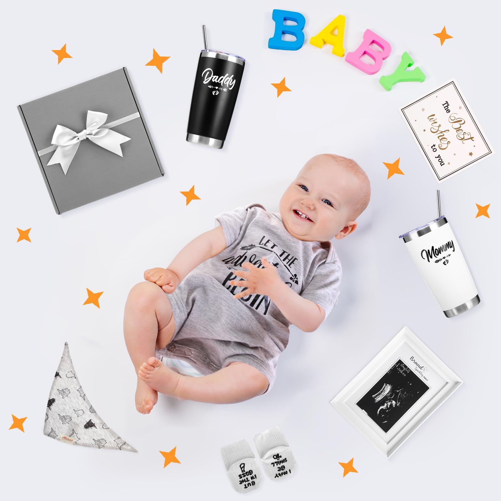 Chuarry 10 Pcs Pregnancy Gifts for New Parents New Mom Women Gender Reveal Gifts Baby Shower 20oz Mom and Dad Tumblers Frame Unisex Jumpsuit for First Time Parents Gift Supplies (Classic, Gray)