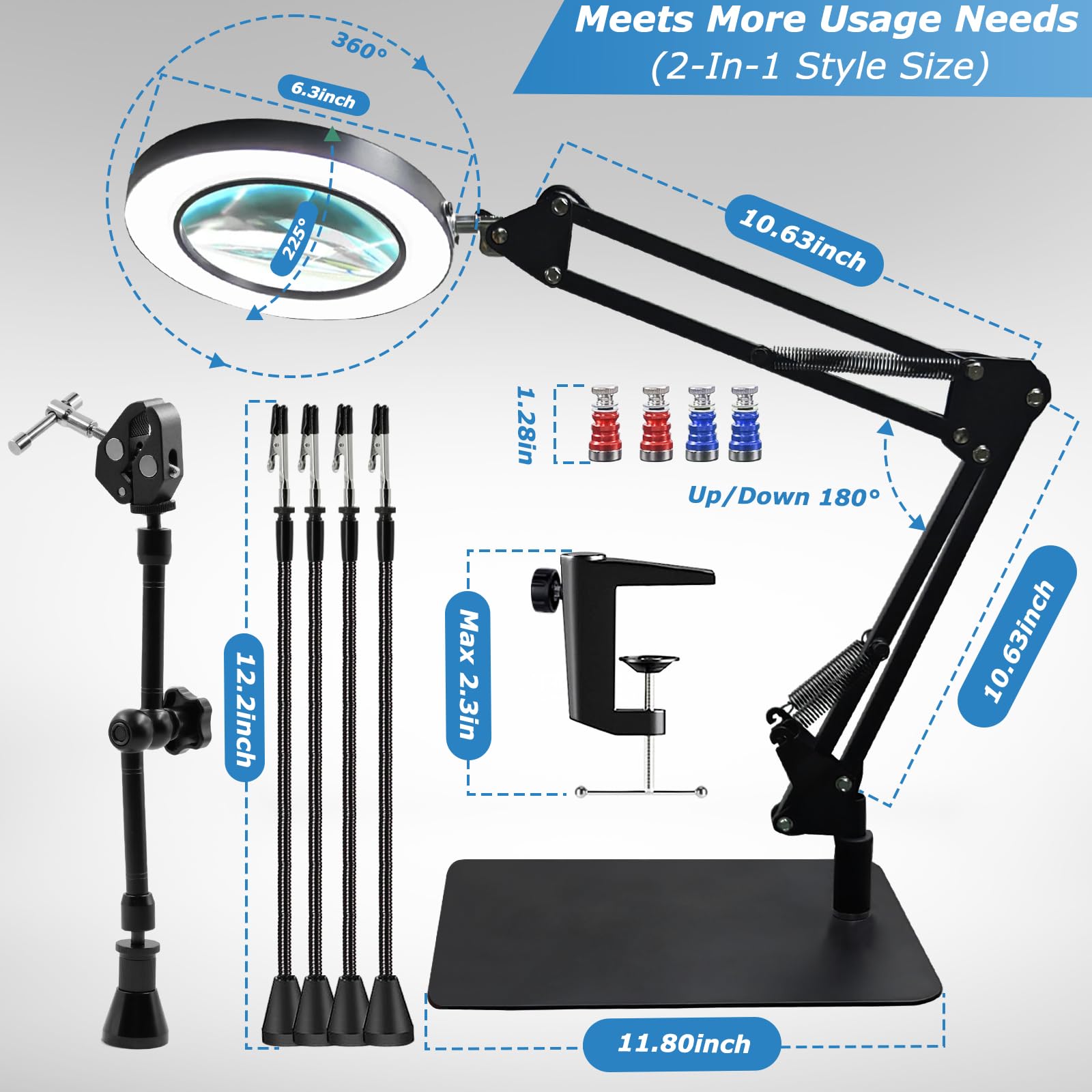 Mani magnetiche con lampada d'ingrandimento 10x, base robusta e grande, 4 bracci magnetici flessibili, 6 pilastri, lente d'ingrandimento illuminata per riparare circuiti stampati.