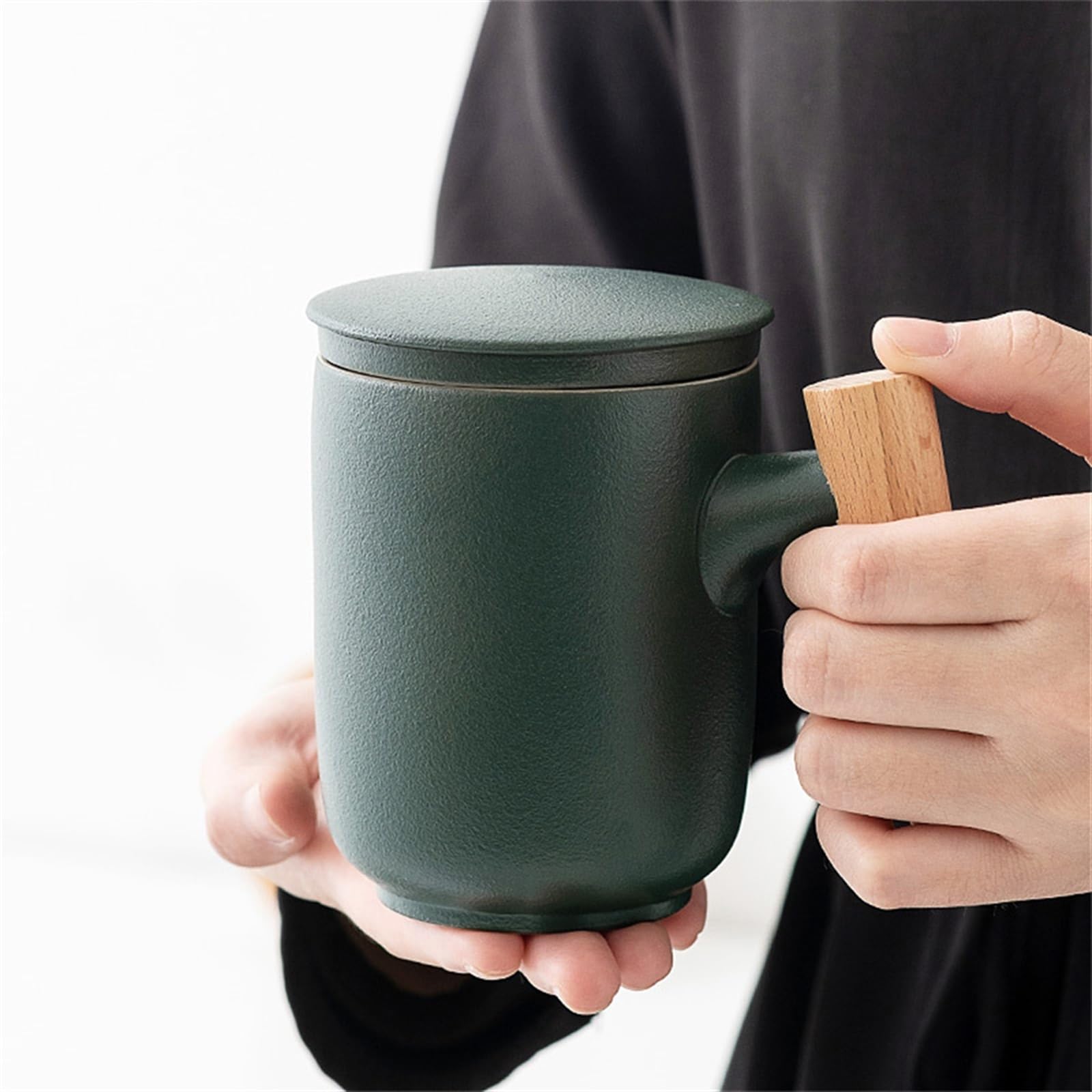 Tasse à thé en céramique 350 ML avec Couvercle et Filtre, Grande capacité, avec poignée en Bois, infuseur à café et thé