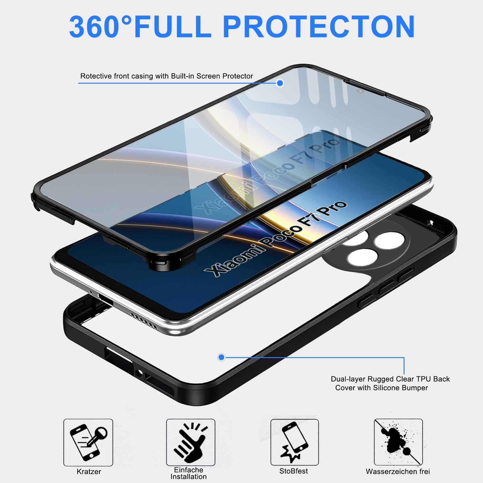Cover per Xiaomi Poco F7 con Cordino, 360 Gradi Antiurto Custodia con