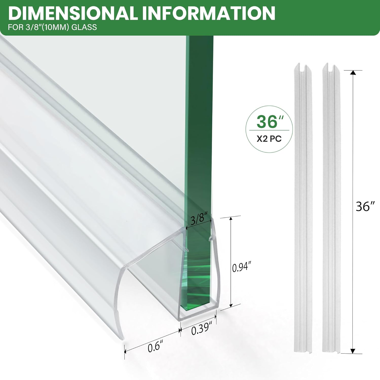 Bathroom Shower Glass Door Bottom Seal Strips, Length 36 Inch 2PCS Transparent PVC Door Bottom Seall Strips for 3/8" (10MM) Thick Framless Glass Panel 3/8"(10mm) Standard