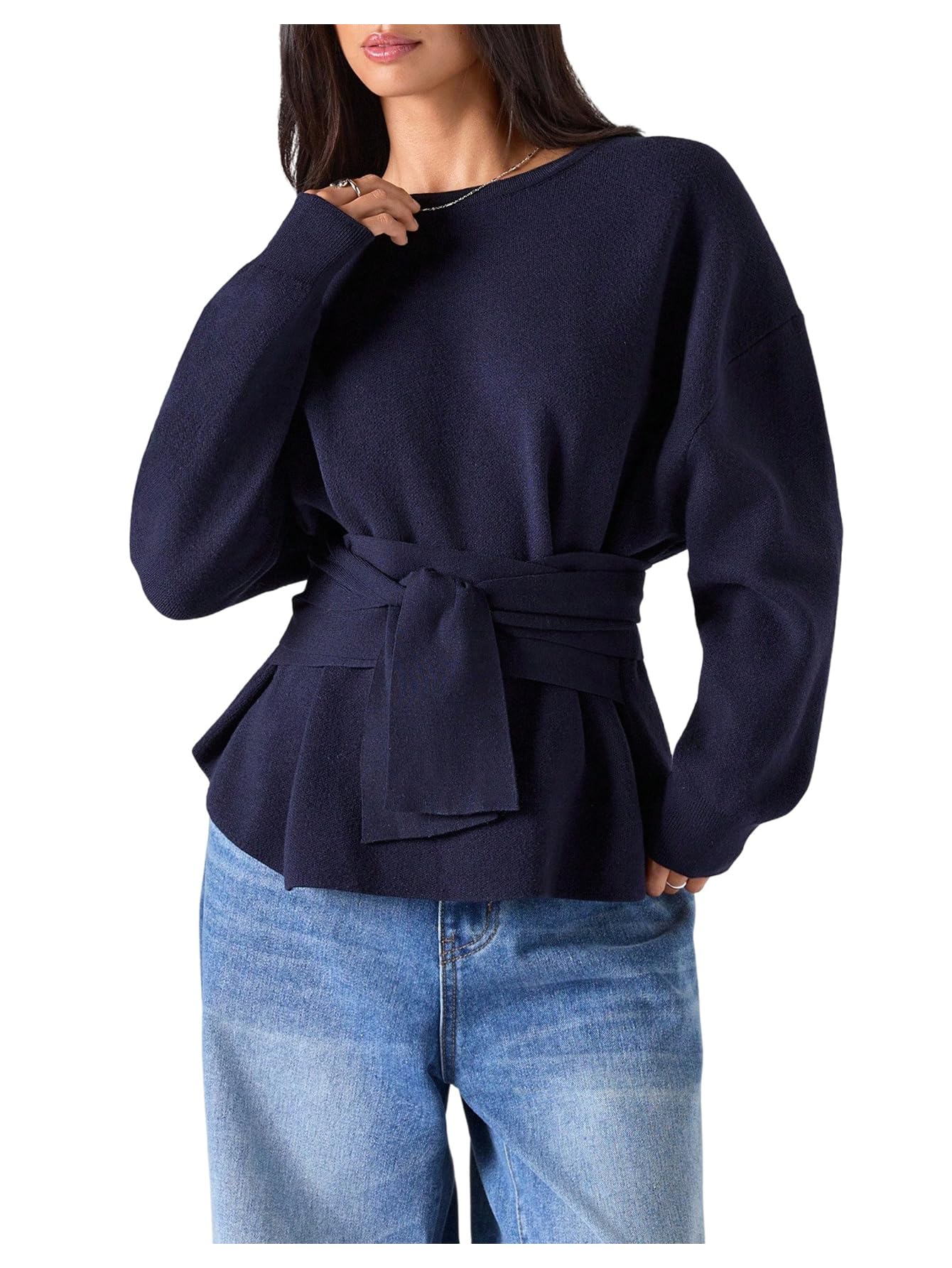 SHENHE Womens Fall Dressy Peplum Sweater Crew Neck Belted Cinched Waist Sweater Pullover