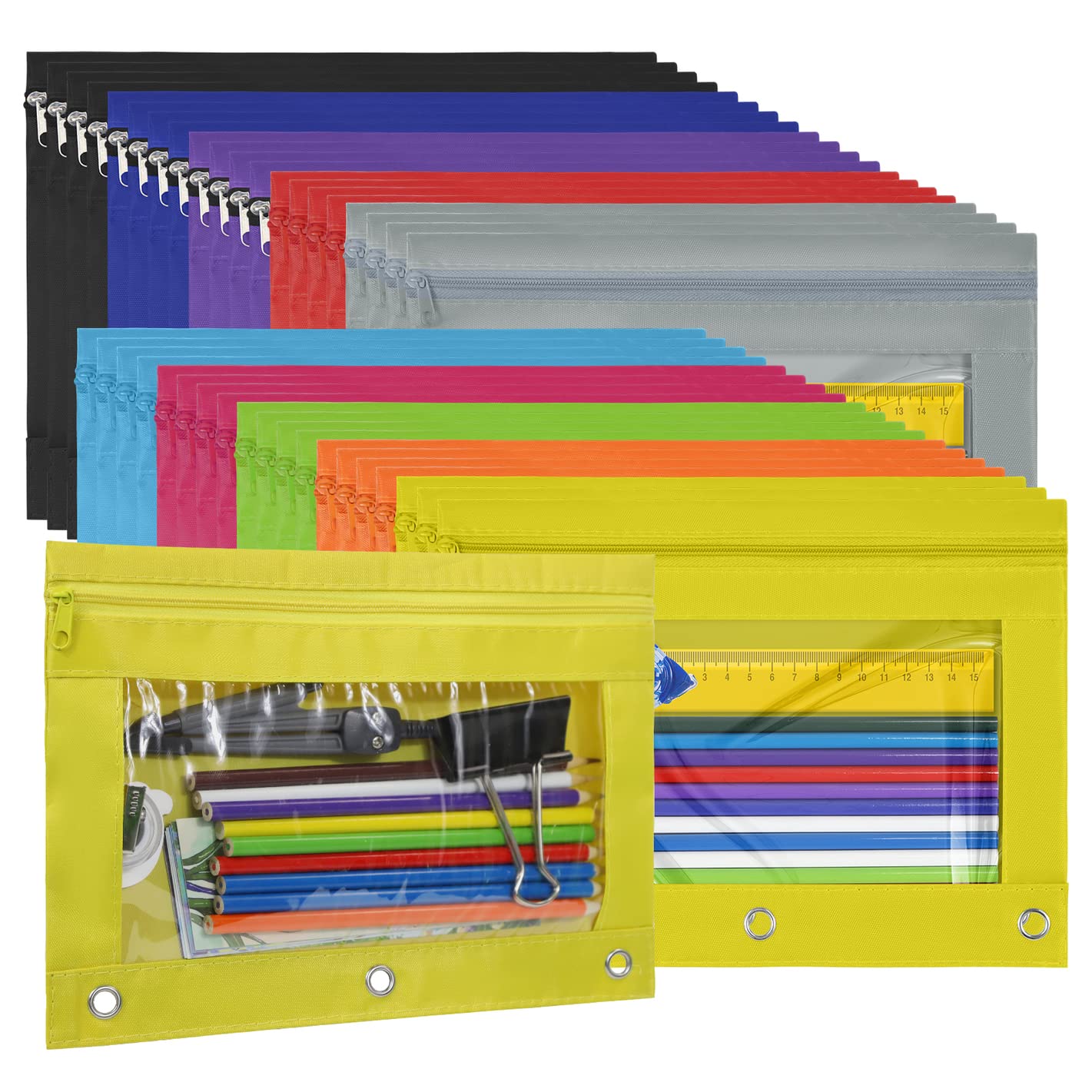 YoeeJob Astuccio Bulk per 3 raccoglitori ad anelli, confezione da 40 sacchetti per matite con cerniera, portapenne con finestra trasparente, organizer per ufficio, multicolore