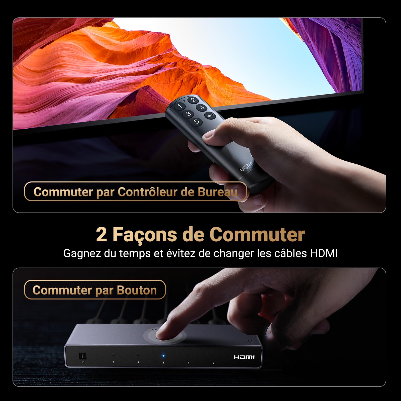 UGREEN Switch HDMI 8K 60Hz 5 Entrées 1 Sortie Commutateur HDMI 3D HDR10 VRR avec Télécommande Compatible avec PS5 PS4 Xbox One 360 TV Stick Box Chromecast Lecteur Blu Ray DVD HDTV Écran Projecteur