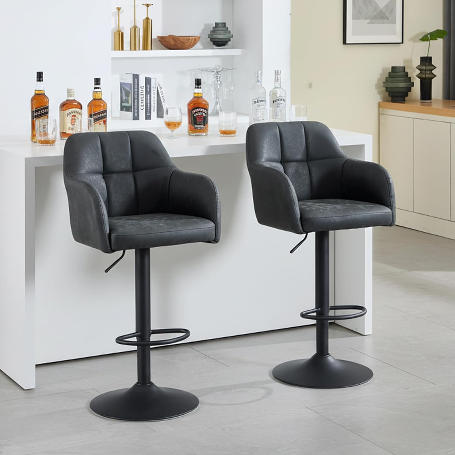 Swivel Adjustable Barstools Set of 2, Faux Leather Bar Height Stools with Armrest, Upholstered Modern Counter Bar Chairs with Metal Footrest for Kitchen Island/Home Bar/Dining Room, Dark Grey