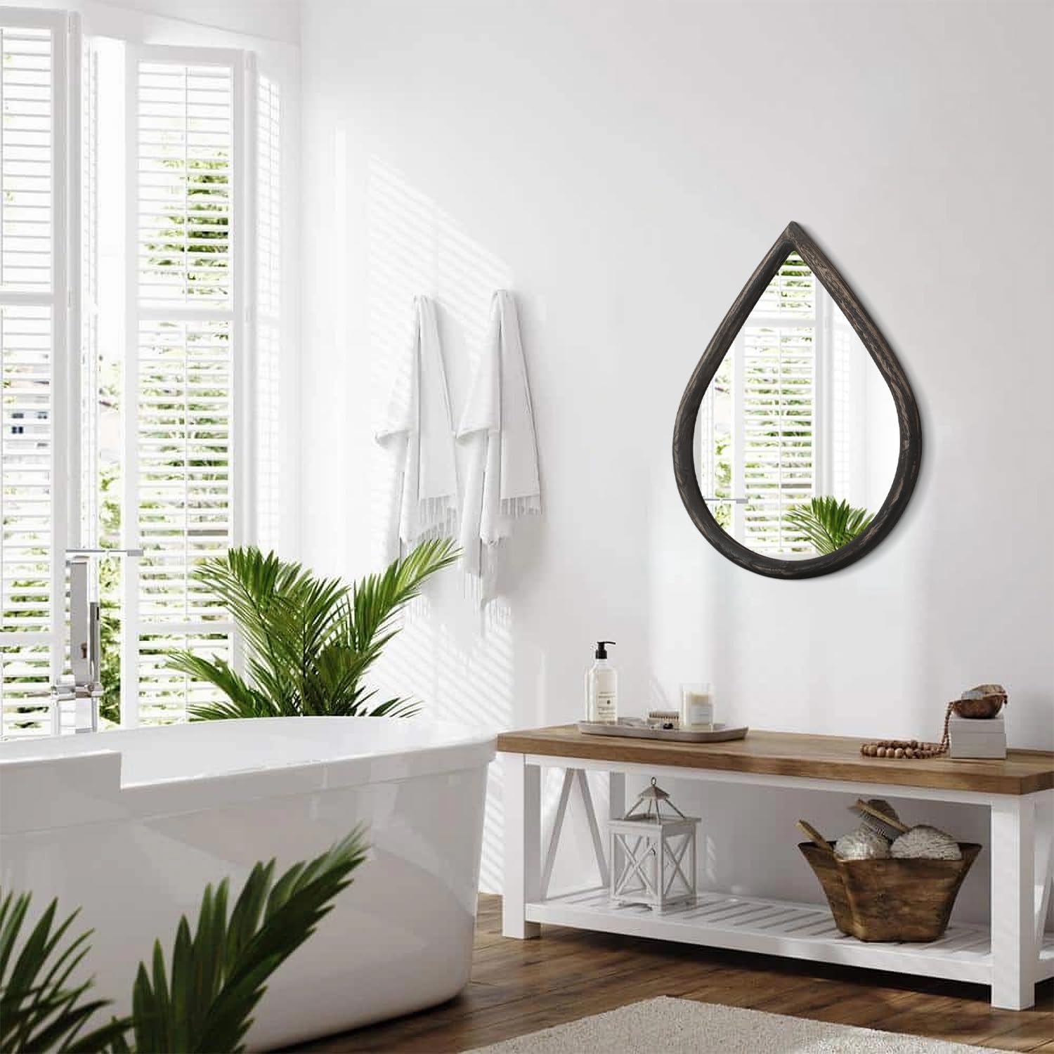 LONGWIN Wandspiegel In Schwarzer Tropfenform – 33 X 47 Cm, Mit Seilaufhängung, Für Badezimmer & Wohnzimmer Im Bauernhaus-Stil