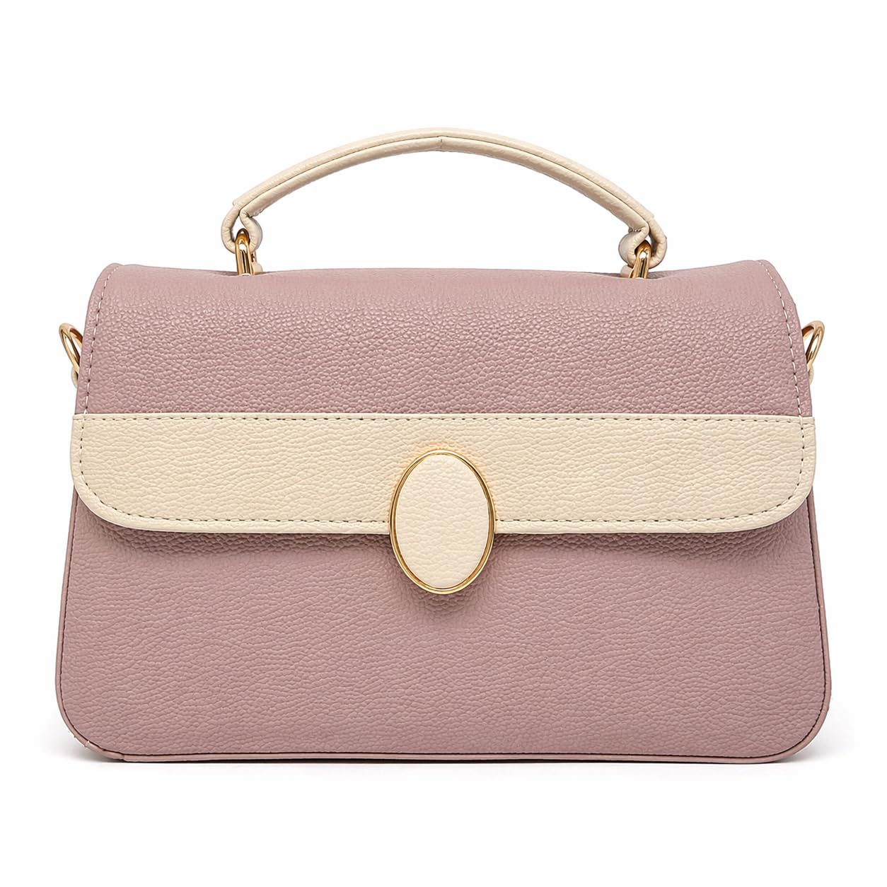 Women Pink & Cream Faux Leather Satchel Handbag | Stylish Top Handle Shoulder Purse with Adjustable Crossbody Strap & Gold Tone Hardware for Office Travel Daily Use-image-1