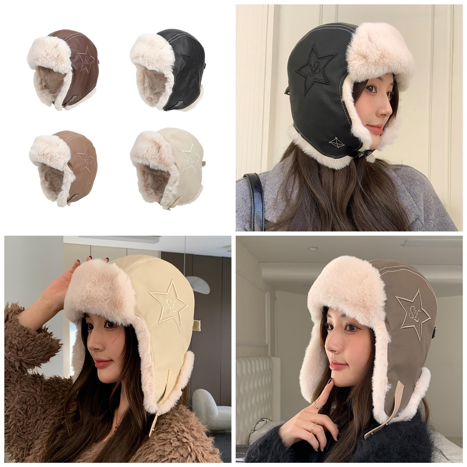Winter Warm Thicken Hat for Women Furry Trapper Hat Windproof Leather Hat Furry Earflaps Hat Coldproof Cycling Hat Beige