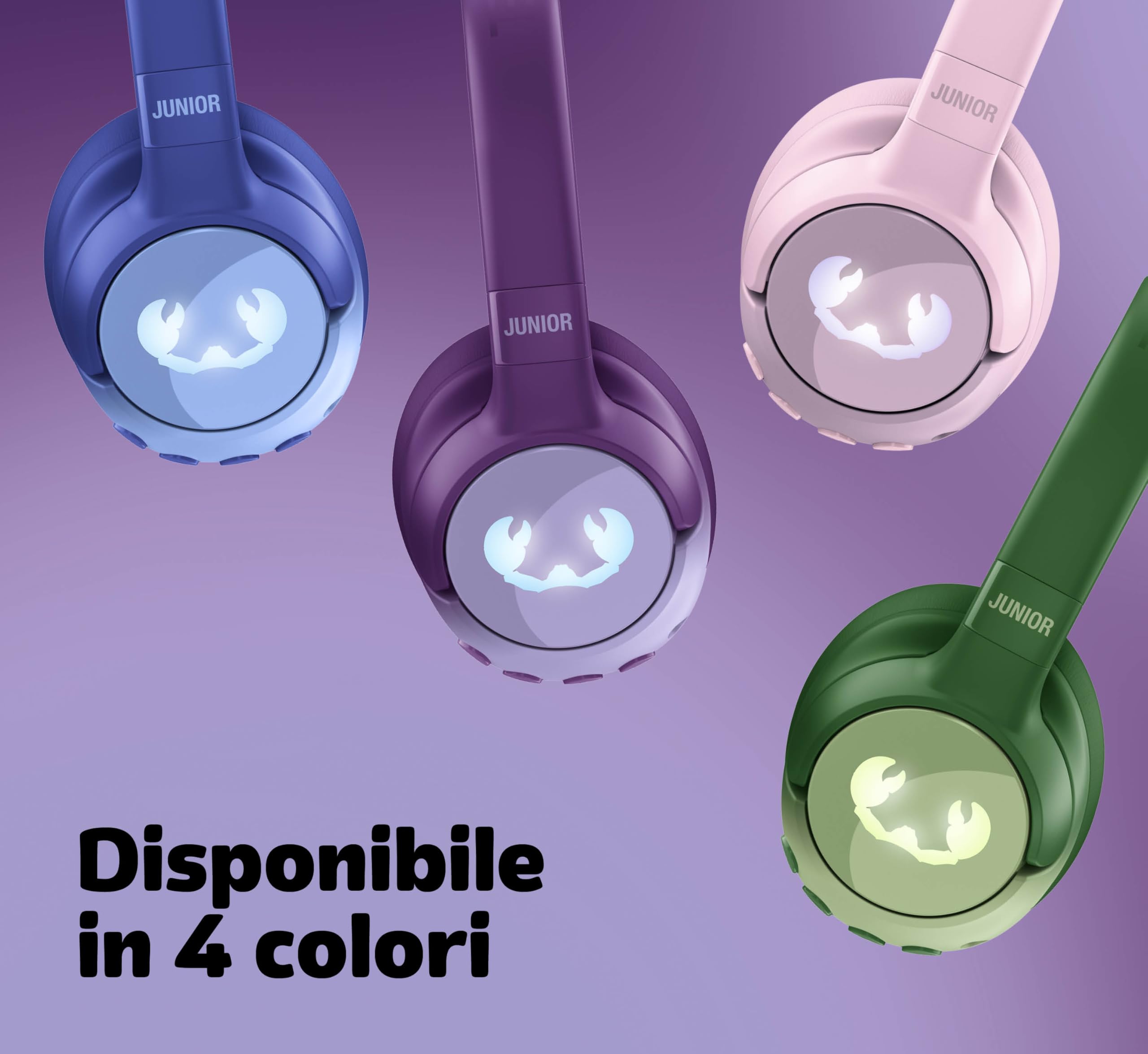 Fresh 'n Rebel Clam Junior, Cuffie Bluetooth per Bambini con Cancellazione Attiva del Rumore, suono sicuro (<85dB), Cavo audio e Adesivi inclusi, Effetti LED. 60 ore di riproduzione (Mighty Magic)