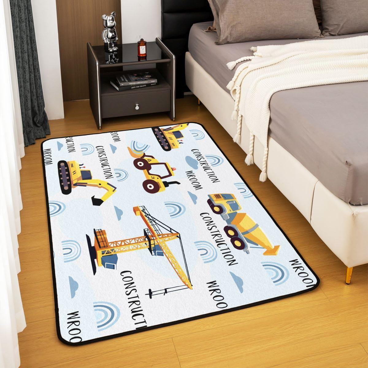 Tappeto per area di costruzione 13 x 17 cm, tappeto decorativo per bambini, per ragazzi e adolescenti, attrezzature, camion, soggiorno, escavatore, trattore, giallo, tappetino per interni, decorazione