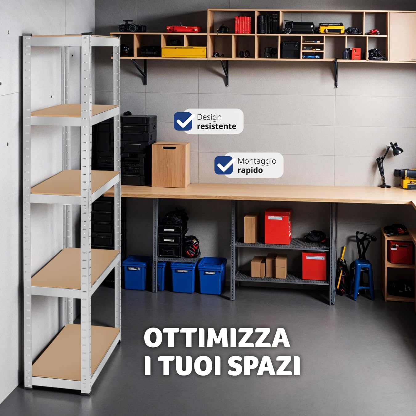 tectake® Scaffalatura Metallo Garage, Scaffale Attrezzi da Lavoro, Scaffalatura Libreria in Lamiera d'Acciaio, Scaffali Modulabili, 70 kg di Carico per Piano - Capacità Portante 350 kg