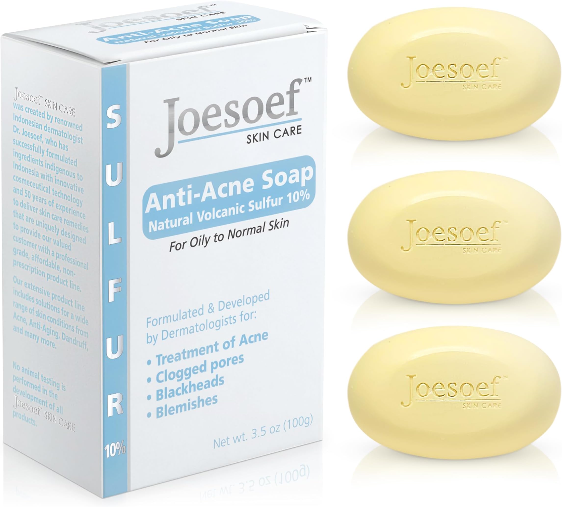 Joesoef Anti-Acne Soap, Natural Volcanic Sulfur 10%, for Oily to Normal Skin, 3.5-Ounces (Pack of 3)