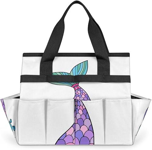 Cartoon Fishtail Garden Tool Tote Bag for Women Men Gardening Tool Storage Bags with 10 Pockets Standable Garden Home Tool Kits Organizer for Indoor