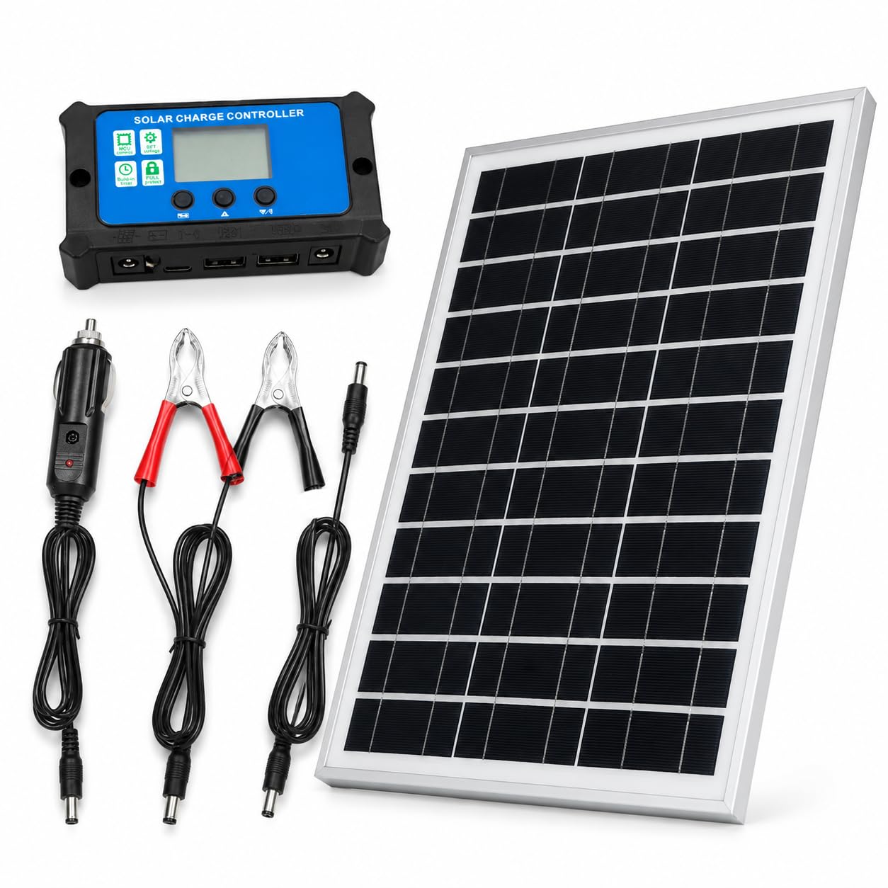 Kit Pannello Solare Rigido 30W 12V con Regolatore per Auto e Camper | Struttura rigida e formato compatto, con morsetti e adattatore accendisigari per batterie di auto, camper, moto e barche.