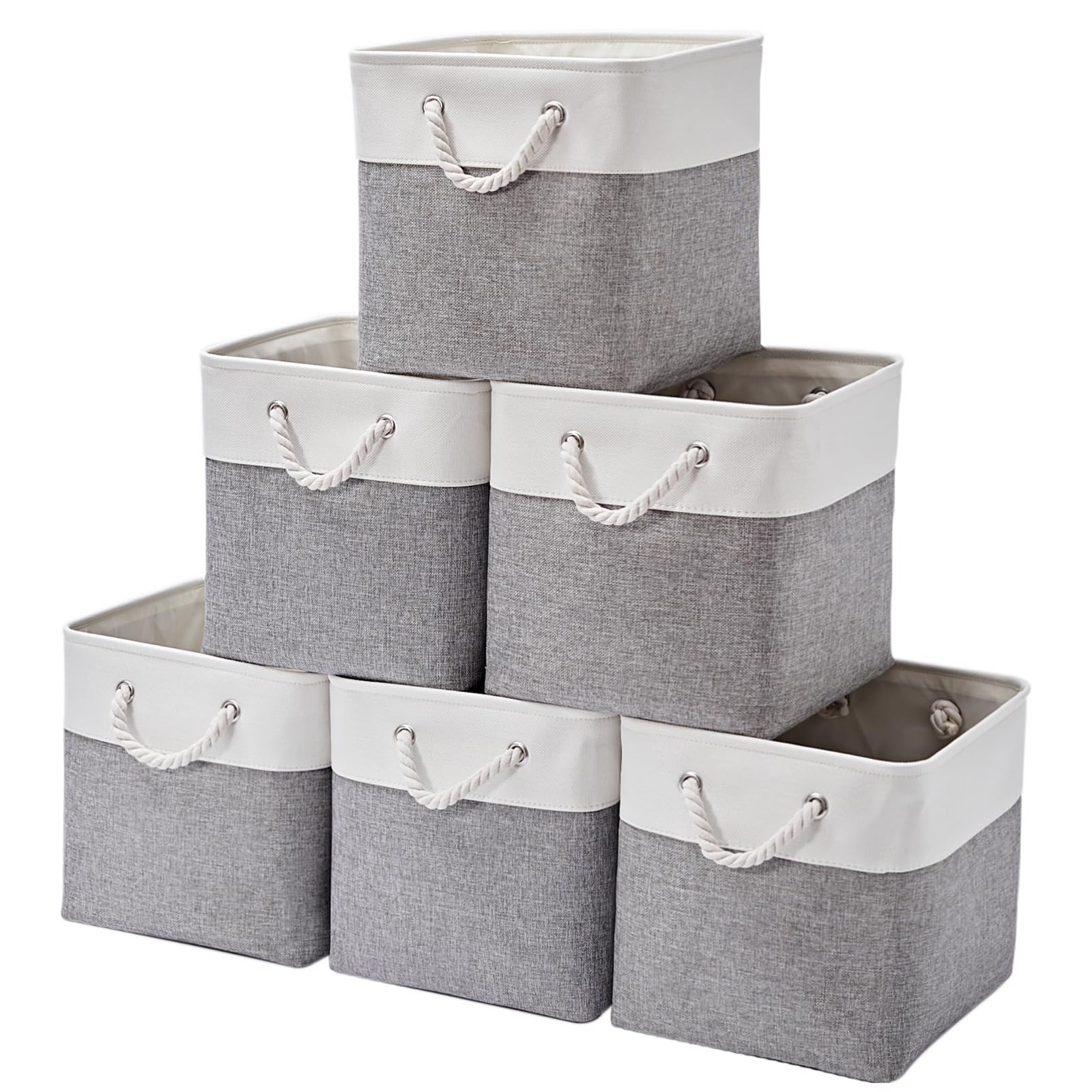 ICEMOR 30.5 x 30.5 cm Cube Storage Boxes, 6 Pack Large Fabric Storage Containers with Ropes, Foldable Storage Cubes for Home, Wardrobe, Clothes, Toy Organiser (White & Grey)